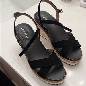 Cole Haan Black Suede Espadrille Wedge Sandals